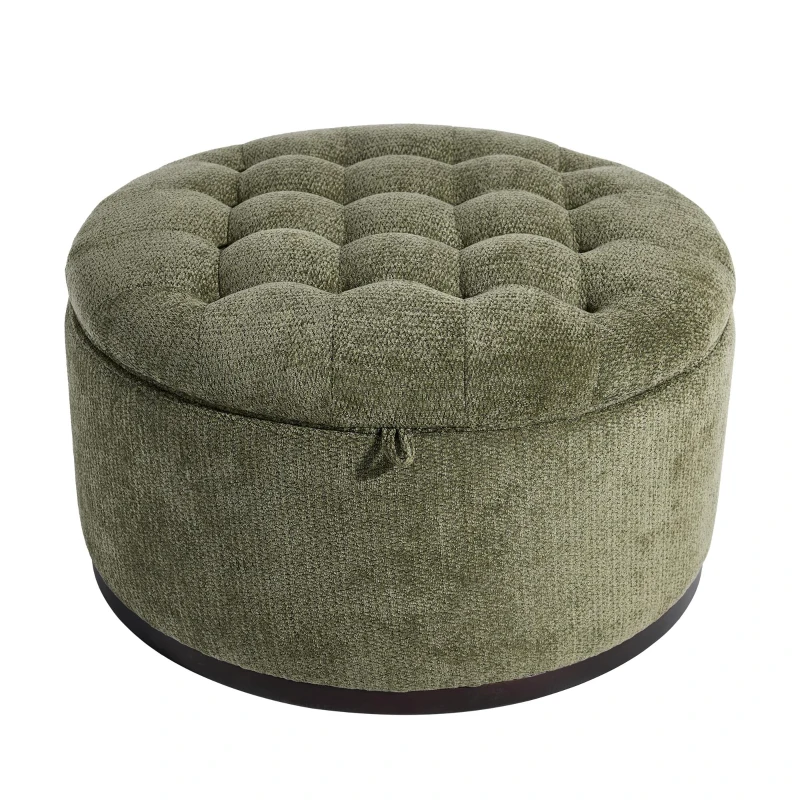 Elegant Round Storage Ottoman with Tufted Chenille and Removable Lid, Versatile Coffee Table for Living Room, 28'' L x 28" W x 16.5" H, Green