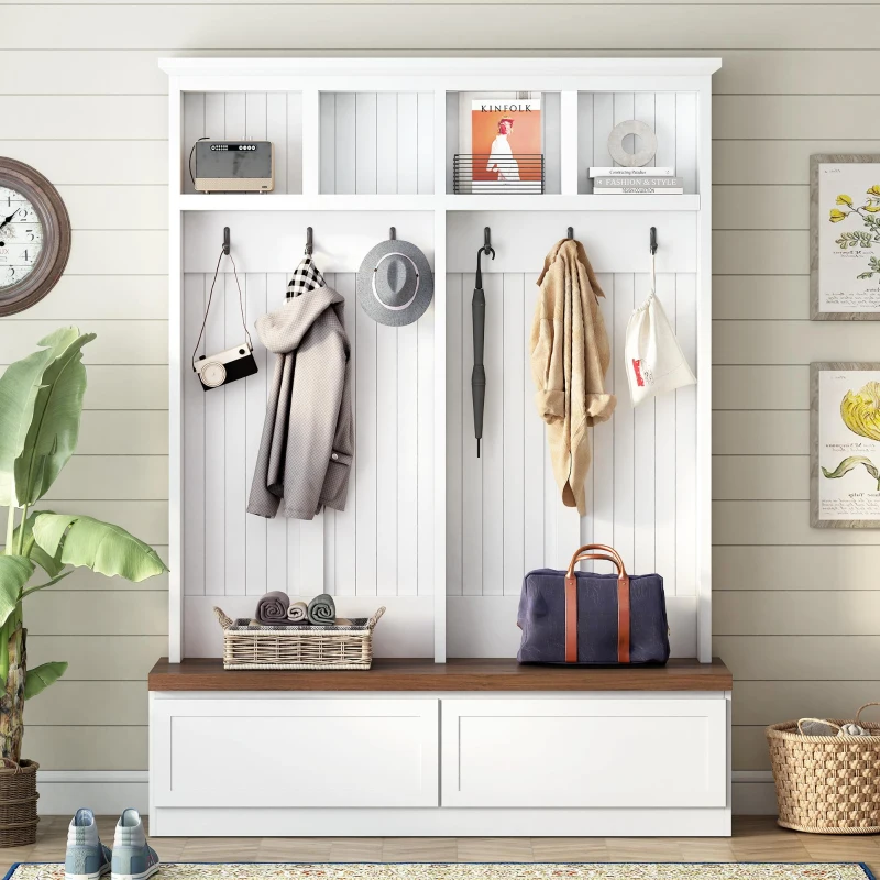 Rustic Farmhouse 4-in-1 Hall Tree Coat Rack with 2 Large Drawers, Shoe Storage Bench Unit with 6 Hooks, 53'' L x 15'' W x 75.5'' H, White