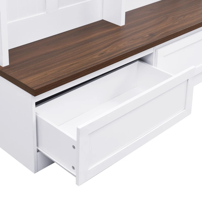 Rustic Farmhouse 4-in-1 Hall Tree Coat Rack with 2 Large Drawers, Shoe Storage Bench Unit with 6 Hooks, 53'' L x 15'' W x 75.5'' H, White