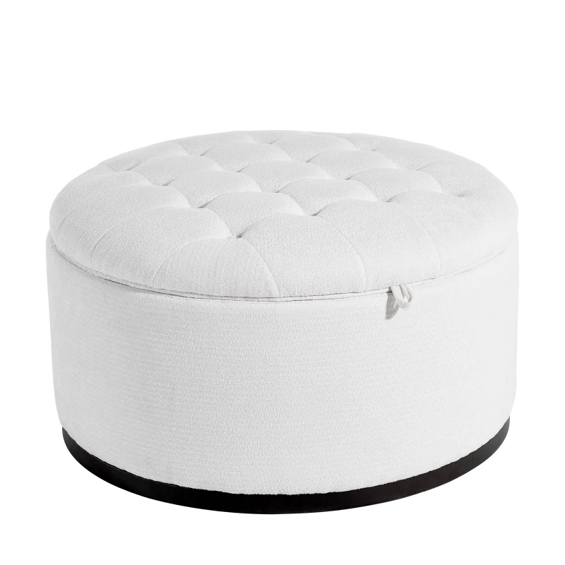 Elegant Round Storage Ottoman with Tufted Chenille and Removable Lid, Versatile Coffee Table for Living Room, 28'' L x 28" W x 16.5" H, White