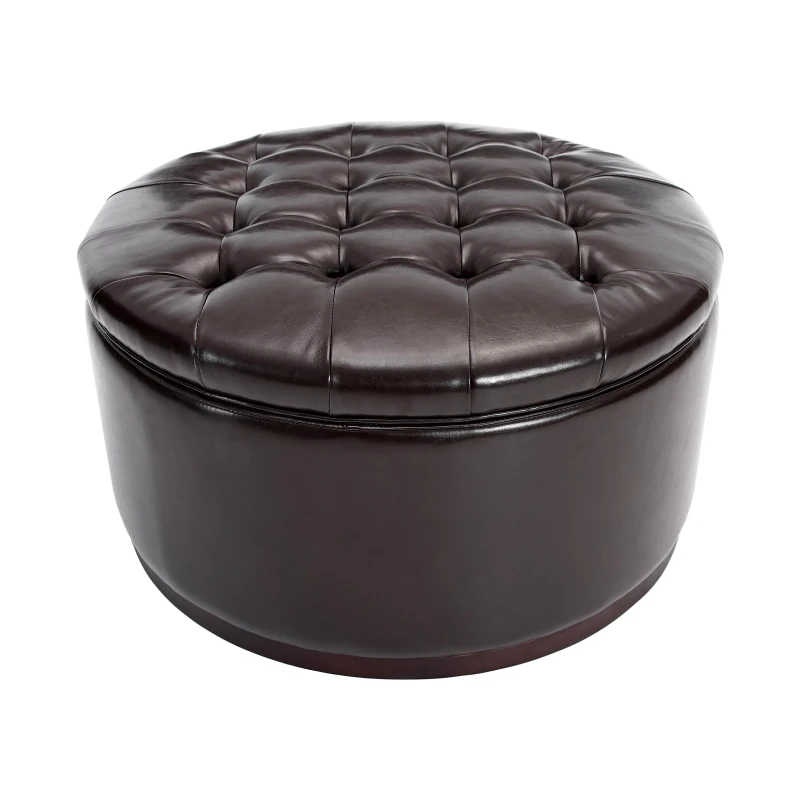 Elegant Round Storage Ottoman with Tufted Chenille and Removable Lid, Versatile Coffee Table for Living Room, 28'' L x 28" W x 16.5" H, Dark Brown