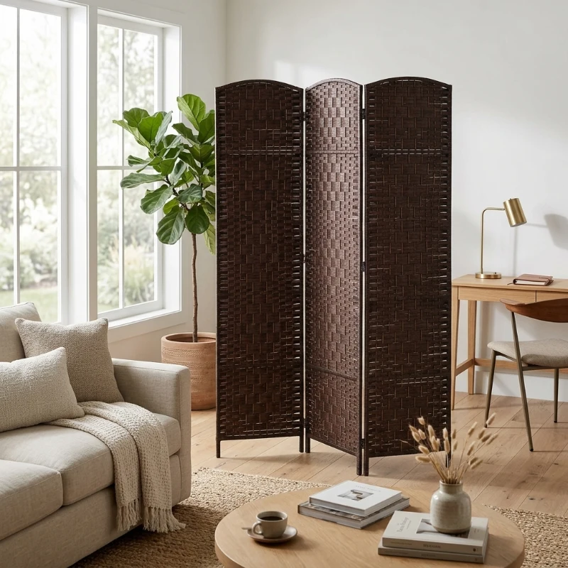 HOMCOM Room Divider 3 Panel, 6FT Tall Folding Privacy Screen, Freestanding Hand-Woven Partition for Room Separation with 360° Hinges, Paper Rope Diamond Weave, Brown