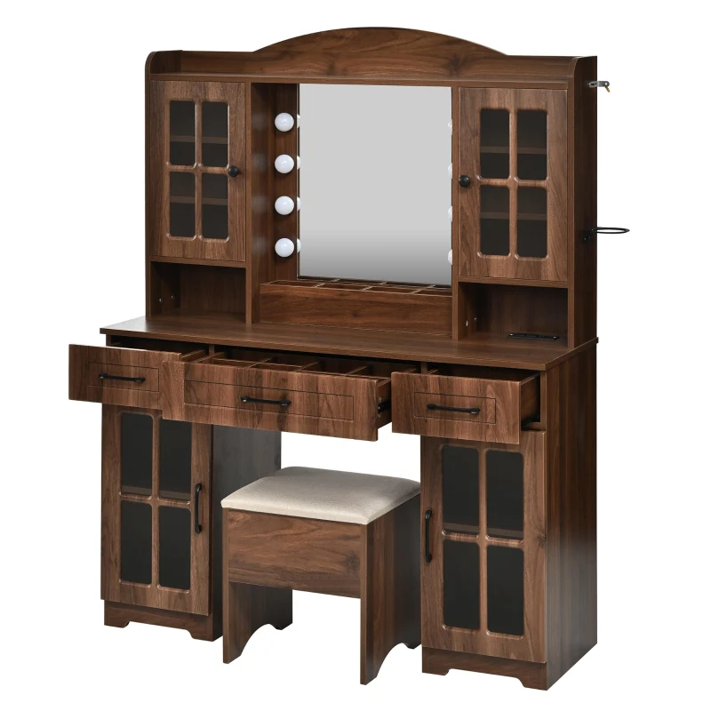 Farmhouse Makeup Vanity with Lighted Mirror and Power Outlet, Chic Dressing Table with Drawers and Stool, 47'' L x 15.5" W x 61.5" H, Walnut