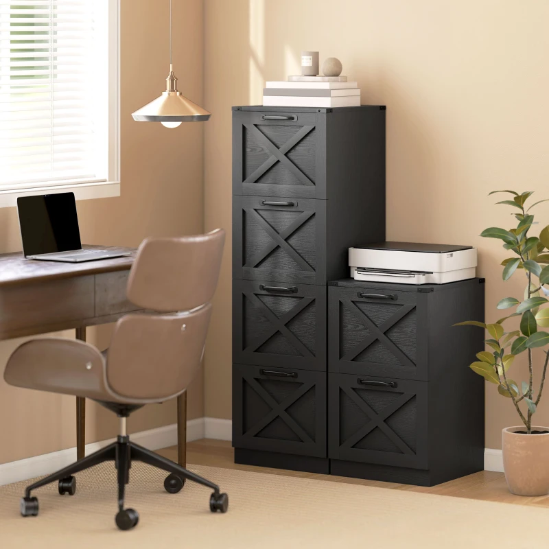 HOMCOM Vertical Storage Drawers Farmhouse X Pattern Printer Stand Fits Letter Files 4 Drawers Black