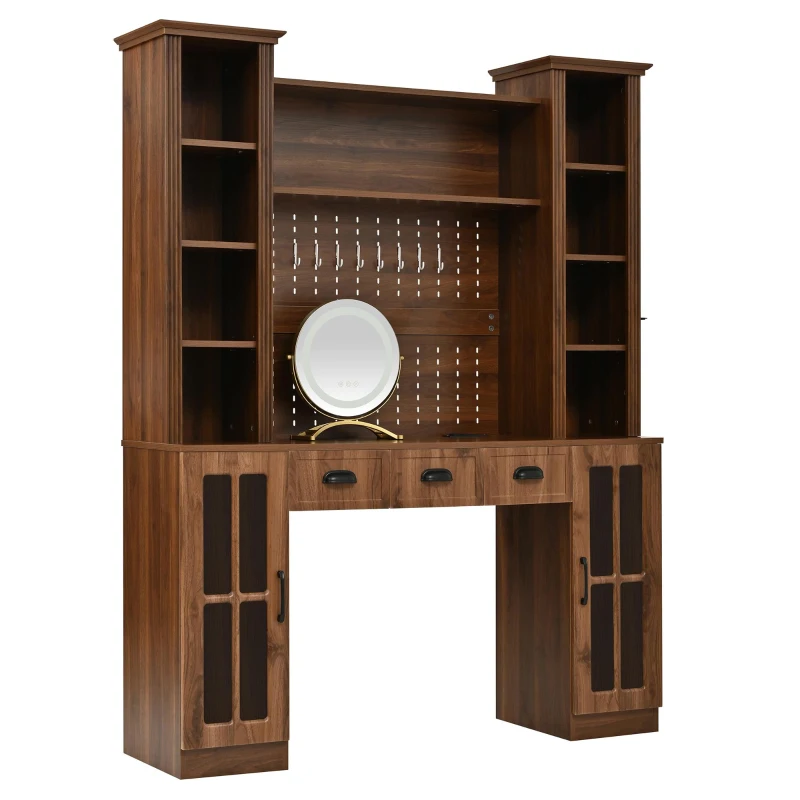 Farmhouse Makeup Vanity with LED Mirror and Power Outlet, Chic Dressing Desk with Jewelry Organizer, 54.5'' L x 15.5" W x 70" H, Walnut