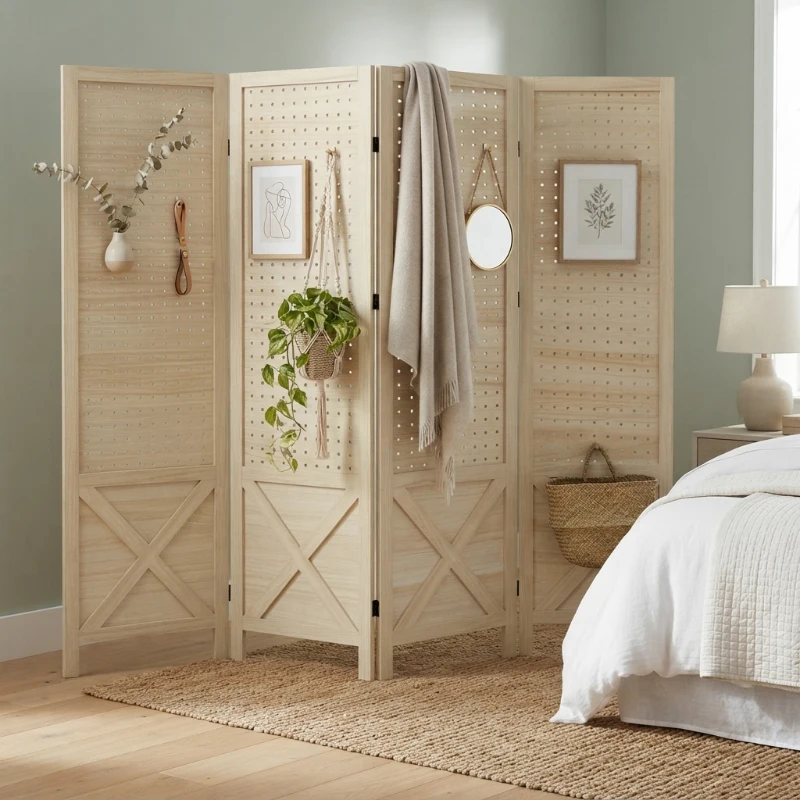 HOMCOM 4.7' 4 Panel Wooden Room Divider with Pegboard Display, Folding Privacy Screen for Home Office, Natural