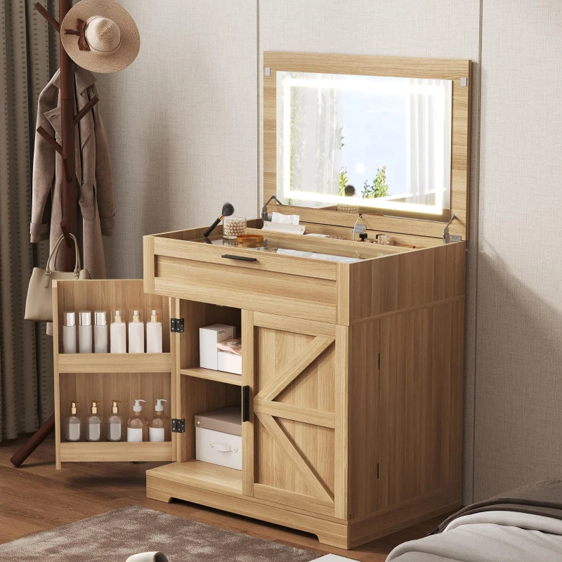 Versatile 3-in-1 Flip Top Makeup Vanity Cabinet with LED Lighted Mirror, Rustic Dressing Table for Bedroom, 26.5'' L x 19.5" W x 29.5" H, Natural