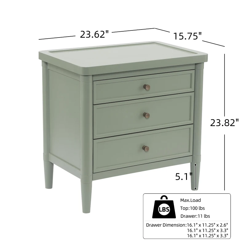 Modern Farmhouse Nightstand with 3 Storage Drawers, Wooden Bedside End Table with Tapered Legs, 23.5'' L x 15.5'' W x 24.5'' H, Green