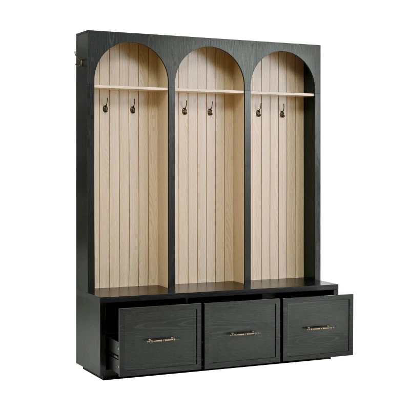 Farmhouse Hall Tree Coat Rack with 3 Arches and 8 Retro Hooks, Shoe Storage Bench Unit with 3 Drawers, 59'' L x 15.5'' W x 75'' H, Black