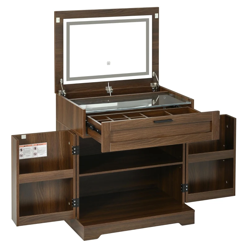 Versatile 3-in-1 Flip Top Makeup Vanity Cabinet with LED Lighted Mirror, Rustic Dressing Table for Bedroom, 26.5'' L x 19.5" W x 29.5" H, Walnut