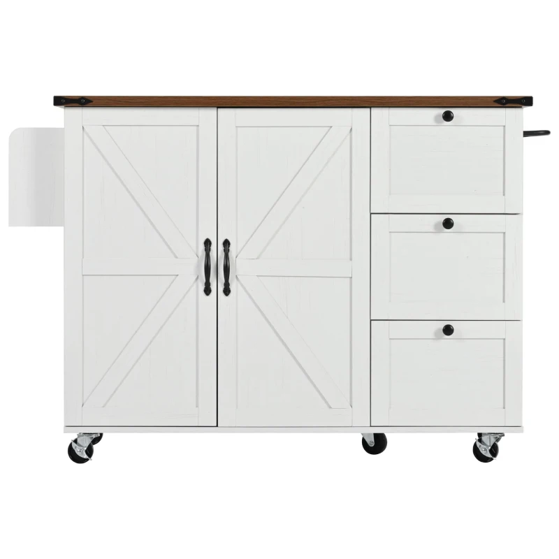 Farmhouse Kitchen Island with Power Outlet and Drop Leaf, Versatile Rolling Cart with Spice Rack and Storage, 54.5'' L x 28.5" W x 36.5" H, White
