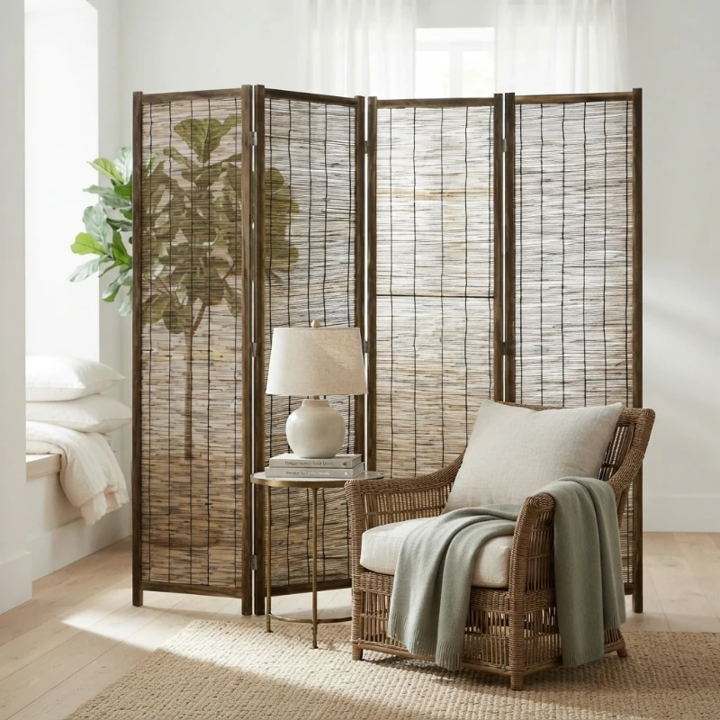 HOMCOM Hand Woven Room Divider, 4 Panel Folding Privacy Screen, Indoor Reed Partition Wall, 63"x67"x0.75", Brown