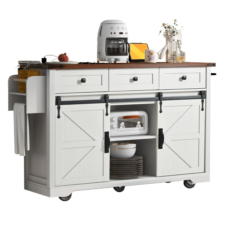 Farmhouse Kitchen Island with Power Outlet, Drop Leaf and Sliding Barn Doors, Versatile Rolling Cart for Kitchen, 53.5'' L x 18.5" W x 37" H, White