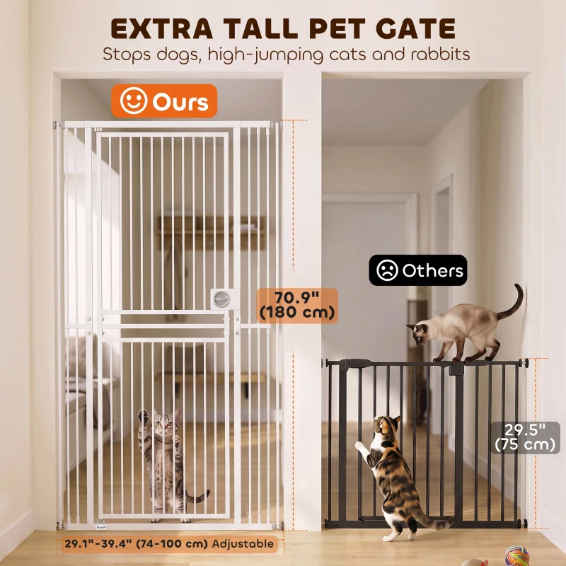 PawHut 71" Extra Tall Cat Gate,  29"-39" Wide Pet Gate with No Drilling, Narrow Spacing, Pull-Ring Latch, 2 Extension Kits