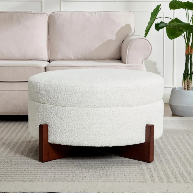 Chic Round Ottoman with Storage and Tufted Upholstery, Versatile Coffee Table for Living Room and Bedroom, 32'' L x 32" W x 17.5" H, Soft White