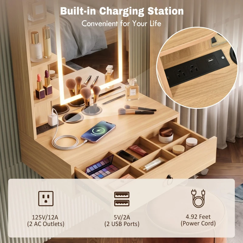 Modern Floating Makeup Vanity with Arched Mirror, Outlet and 3-Color Lights, Versatile Wall Vanity for Bedrooms, 23'' L x 15.5" W x 48" H, Natural
