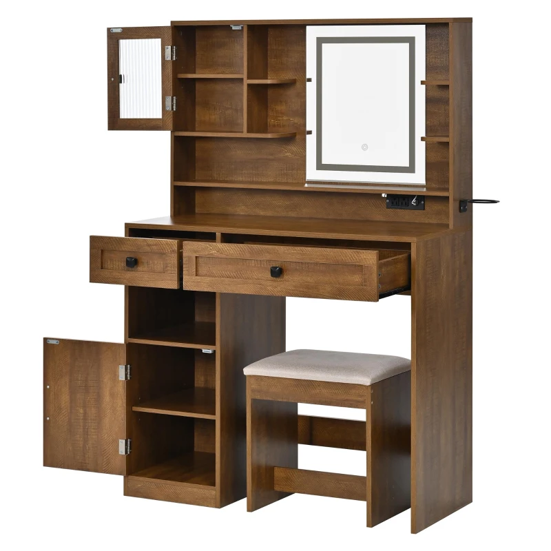Farmhouse Makeup Vanity with LED Mirror and Outlet, Chic Dressing Table with Drawers and Padded Stool, 37.5'' L x 15.5" W x 56" H, Rustic Brown