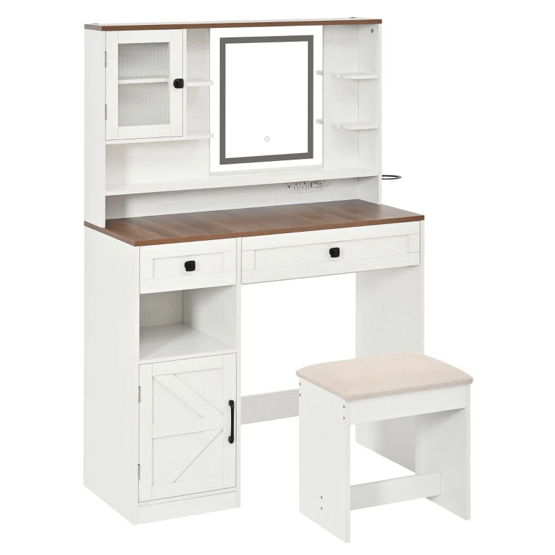Farmhouse Makeup Vanity with LED Mirror and Outlet, Chic Dressing Table with Drawers and Stool, 37.5'' L x 15.5" W x 56" H, White+Walnut