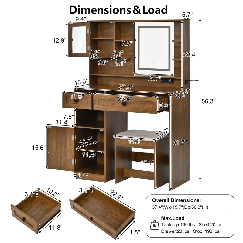 Farmhouse Makeup Vanity with LED Mirror and Outlet, Chic Dressing Table with Drawers and Padded Stool, 37.5'' L x 15.5" W x 56" H, Rustic Brown