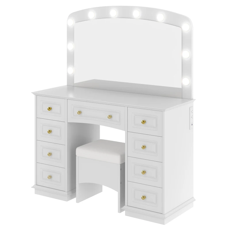 Luxurious Dressing Vanity Desk with 10 Hollywood Bulbs, Modern Makeup Table Set with 9 Storage Drawers, 44'' L x 15.5'' W x 53.5'' H, White