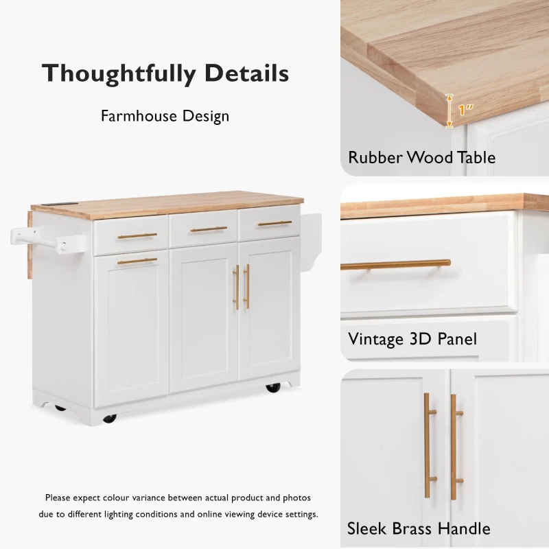 Vintage Kitchen Island with Trash Storage and Organizers, Versatile Rolling Cart with Power Outlet and Spice Rack, 59'' L x 29.5" W x 35.5" H, White