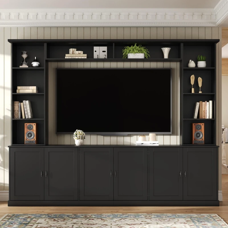 Mid-Century Entertainment Centre with 7 Adjustable Shelves, 4-Piece TV Wall Unit Console with 6 Cable Holes, 95.5'' L x 15.5'' W x 76.5'' H, Black