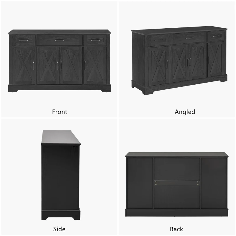 Farmhouse Buffet Cabinet with Metal Hardware and Wood Grain, Sturdy Sideboard for Kitchen and Dining Room, 55'' L x 15.5" W x 32" H, Ash Black