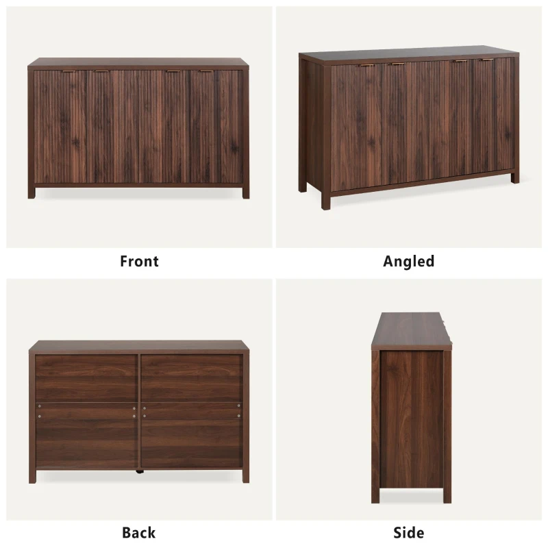 Elegant Fluted Buffet Cabinet with Sculpted Doors, Farmhouse Storage Sideboard for Kitchen Dining Living Room, 55" L × 15.5" W × 33" H, Brown