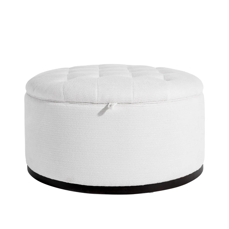 Elegant Round Storage Ottoman with Tufted Chenille and Removable Lid, Versatile Coffee Table for Living Room, 28'' L x 28" W x 16.5" H, White
