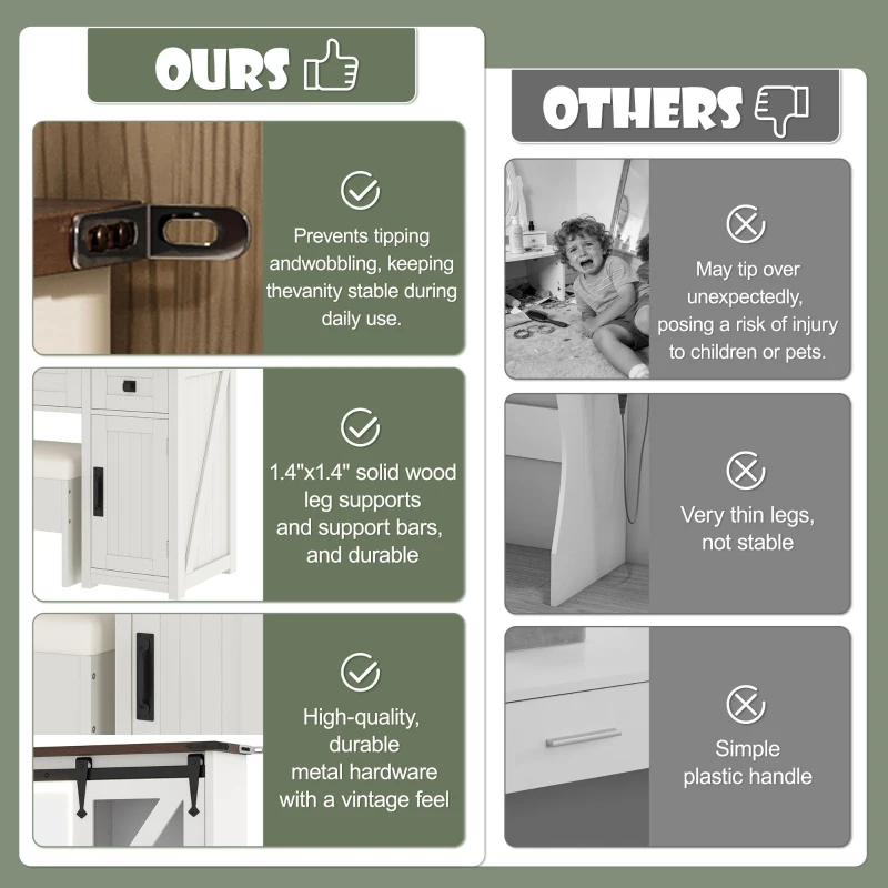 Farmhouse Dressing Vanity Desk with 3-Colour LED Lighted Mirror, Modern Makeup Table Unit with 3 Drawers, 43.5'' L x 15.5'' W x 53.5'' H, Beige