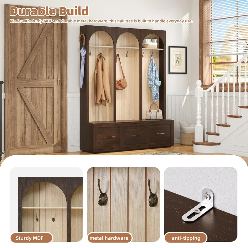 Farmhouse Hall Tree Coat Rack with 3 Arches and 8 Retro Hooks, Shoe Storage Bench Unit with 3 Drawers, 59'' L x 15.5'' W x 75'' H, Dark Walnut