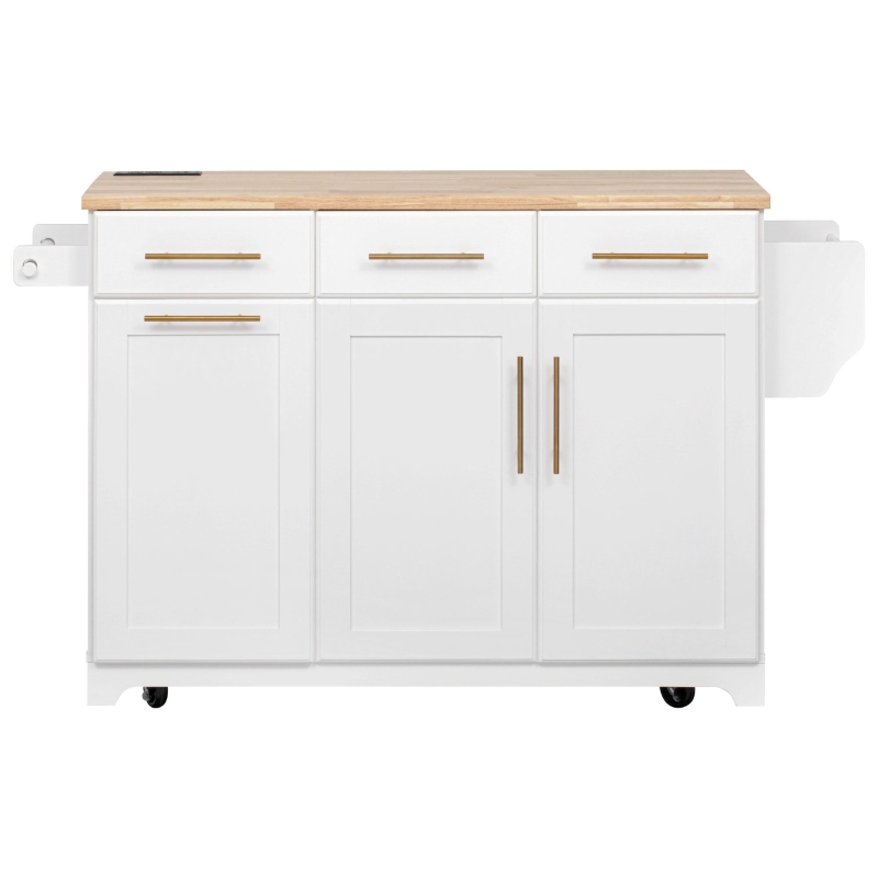 Vintage Kitchen Island with Trash Storage and Organizers, Versatile Rolling Cart with Power Outlet and Spice Rack, 59'' L x 29.5" W x 35.5" H, White