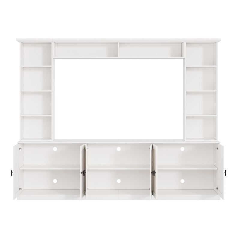 Rustic Farmhouse Entertainment Centre with 7 Adjustable Shelves, Modern TV Wall Unit with Panelled Doors, 95.5'' L x 15.5'' W x 76.5'' H, White