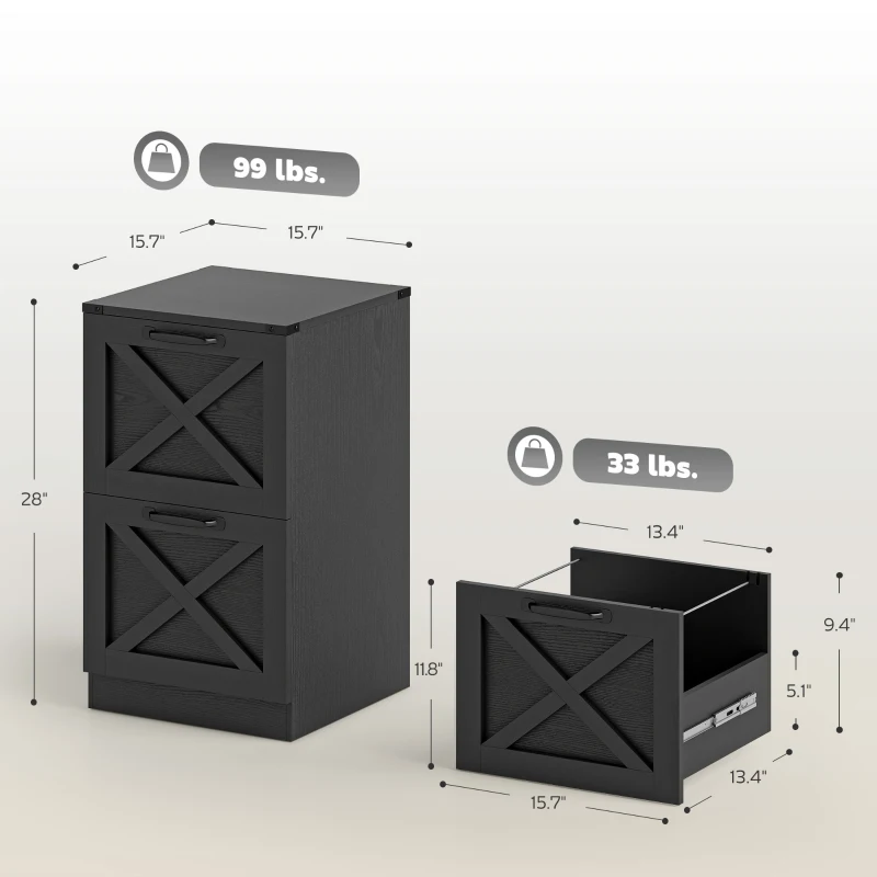 HOMCOM Vertical Storage Drawers Farmhouse X Pattern Printer Stand Fits Letter Files 2 Drawers Black