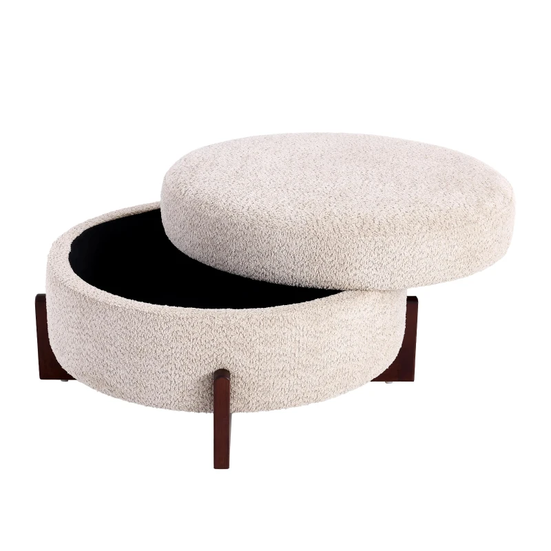 Chic Round Ottoman with Storage and Tufted Upholstery, Versatile Coffee Table for Living Room and Bedroom, 32'' L x 32" W x 17.5" H, Almond