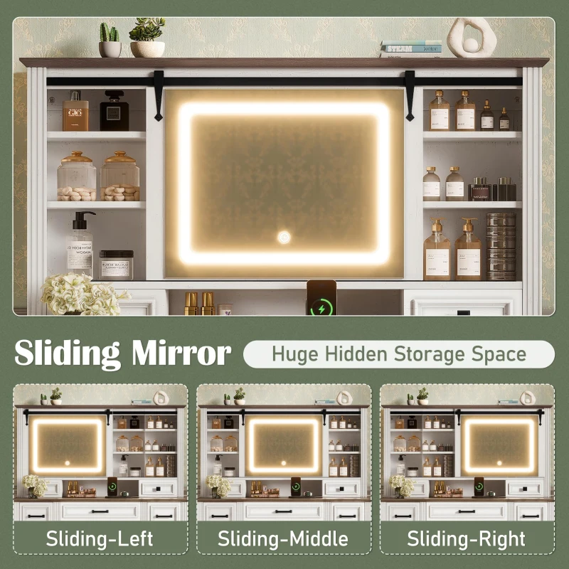 Farmhouse Dressing Vanity Desk with Sliding 3-Colour LED Mirror, Modern Makeup Table Unit with 9 Drawers, 47'' L x 15.5'' W x 55'' H, Brown+White