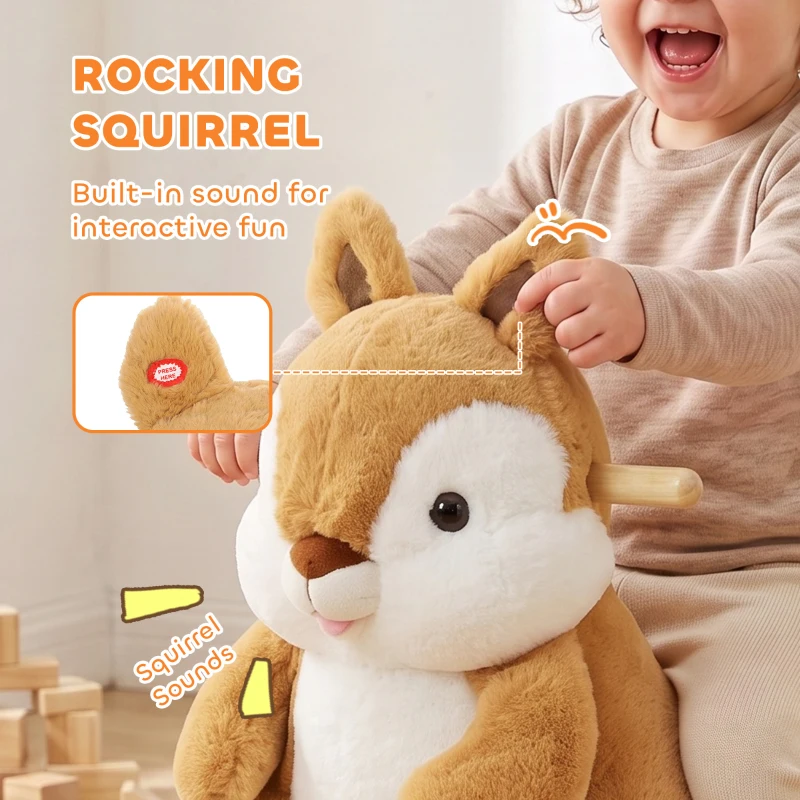 Qaba Rocking Horse for Toddlers 1-3 Years, Squirrel Baby Rocking Horse with Animal Sound, Safety Belt, Brown