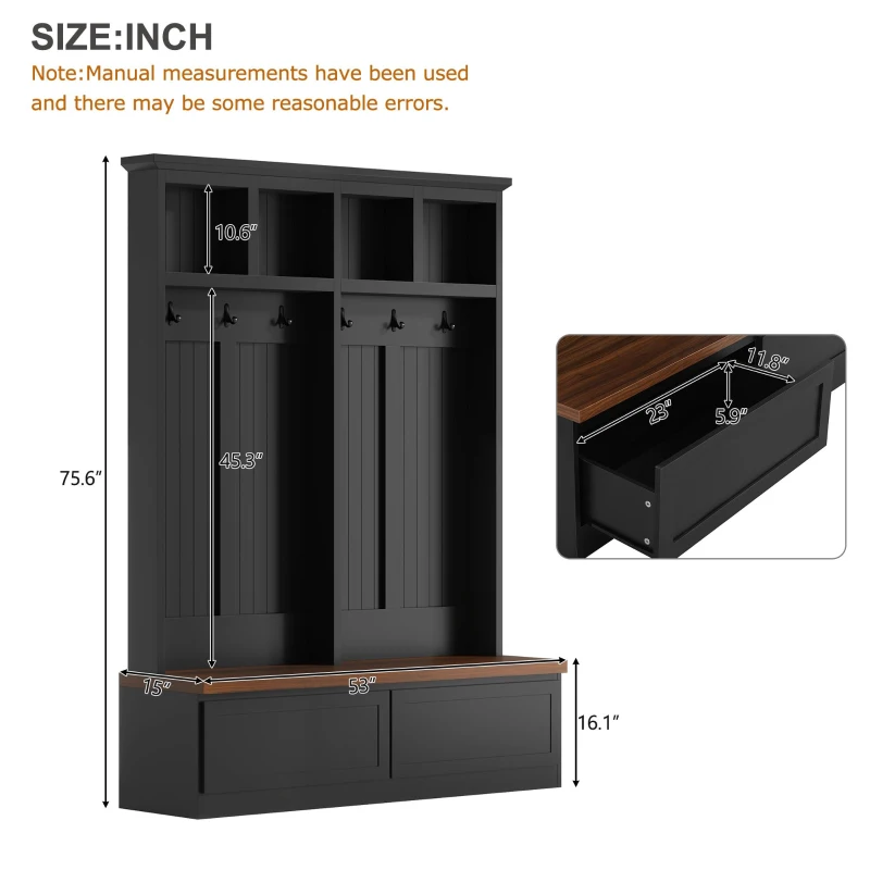 Rustic Farmhouse 4-in-1 Hall Tree Coat Rack with 2 Large Drawers, Shoe Storage Bench Unit with 6 Hooks, 53'' L x 15'' W x 75.5'' H, Black