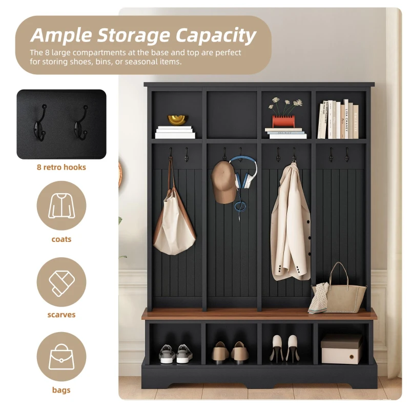 Farmhouse Hall Tree Coat Rack with 8 Retro Hooks, Shoe Bench Unit with 8 Storage Compartments, 59'' L x 15.5'' W x 76.5'' H, Black