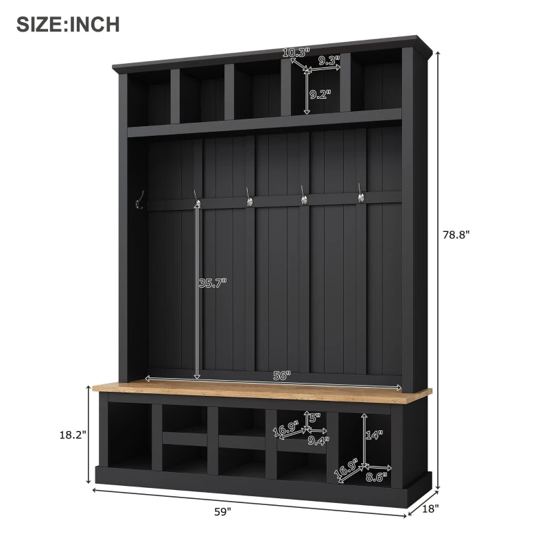 Farmhouse Hall Tree Coat Rack with 13 Compartments, Shoe Storage Bench Unit with Wide Storage Seating Bench, 59'' L x 18'' W x 79'' H, Black