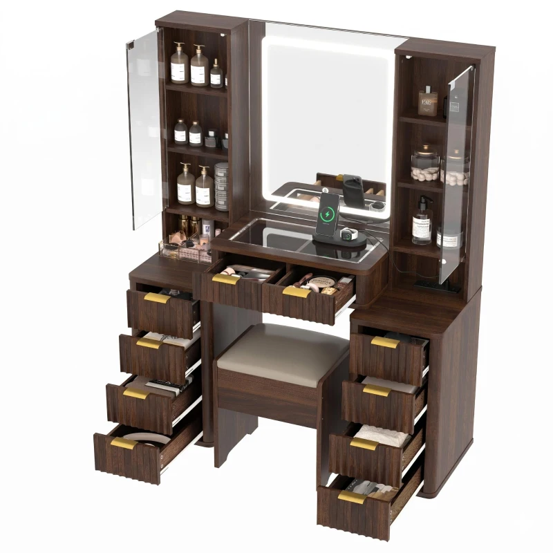 Elegant Fluted Dressing Vanity Desk with 3-Colour LED Mirror, Modern Makeup Table Unit with 10 Drawers, 43.5'' L x 15.5'' W x 54.5'' H, Brown