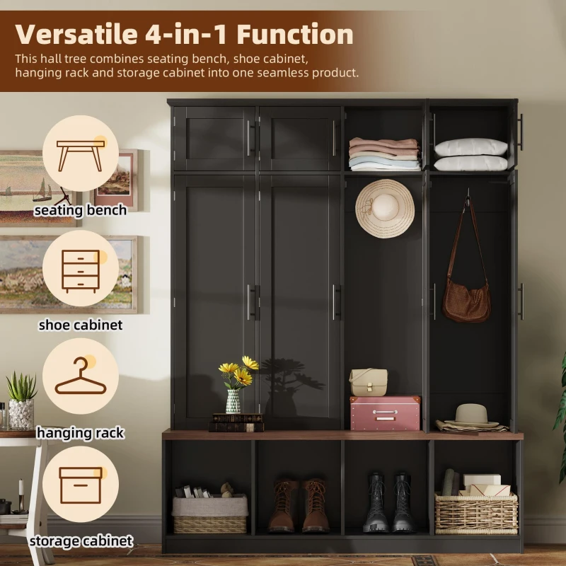Rustic Farmhouse Hall Tree with 8 Storage Doors, Heavy-Duty Shoe Storage Bench Unit with 4 Bottom Compartments, 59'' L x 15.5'' W x 75'' H, Black
