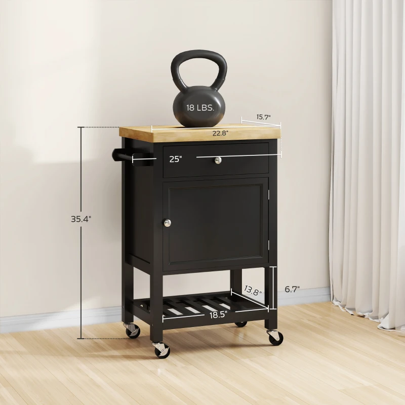 HOMCOM Kitchen Island on Wheels, Rolling Kitchen Cart with Rubberwood Top, Drawer, Wine Rack and Cabinet, Black