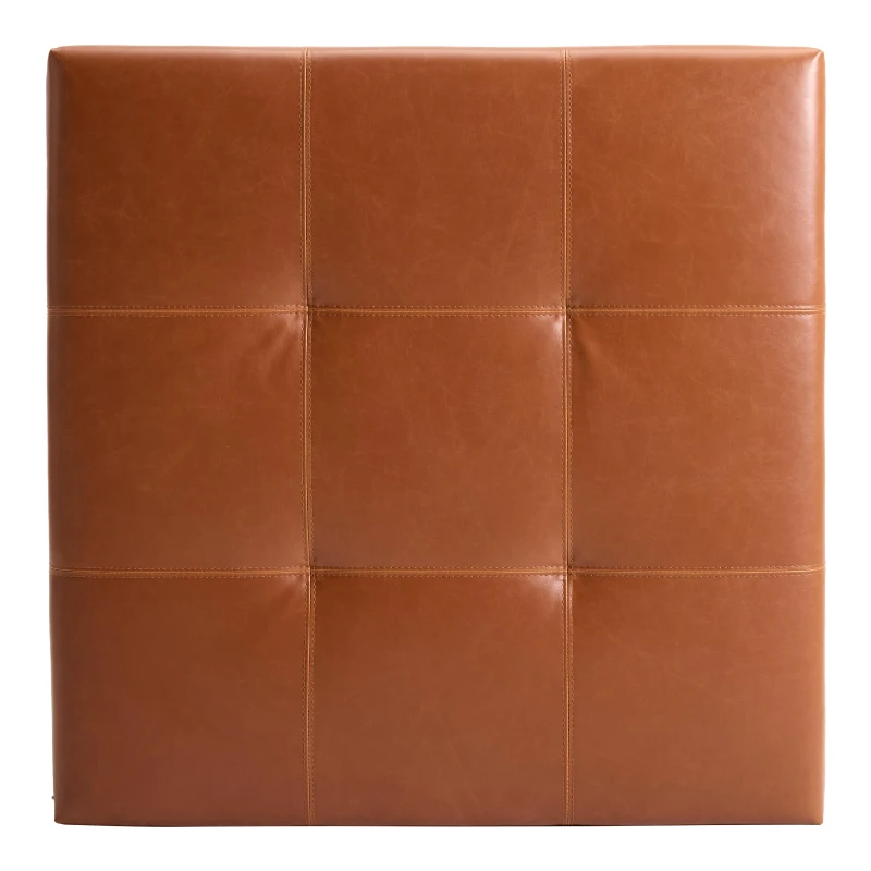 Retro-Chic Square Ottoman with Storage and Faux Leather, Versatile Coffee Table for Living Room and Bedroom, 34'' L x 34" W x 18.5" H, Caramel