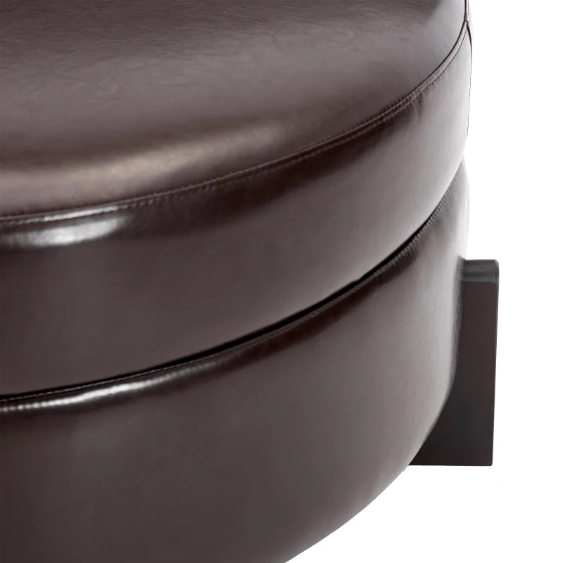 Stylish Round Storage Ottoman with Leather Upholstery, Versatile Coffee Table for Living Room and Bedroom, 32'' L x 32" W x 17.5" H, Dark Brown