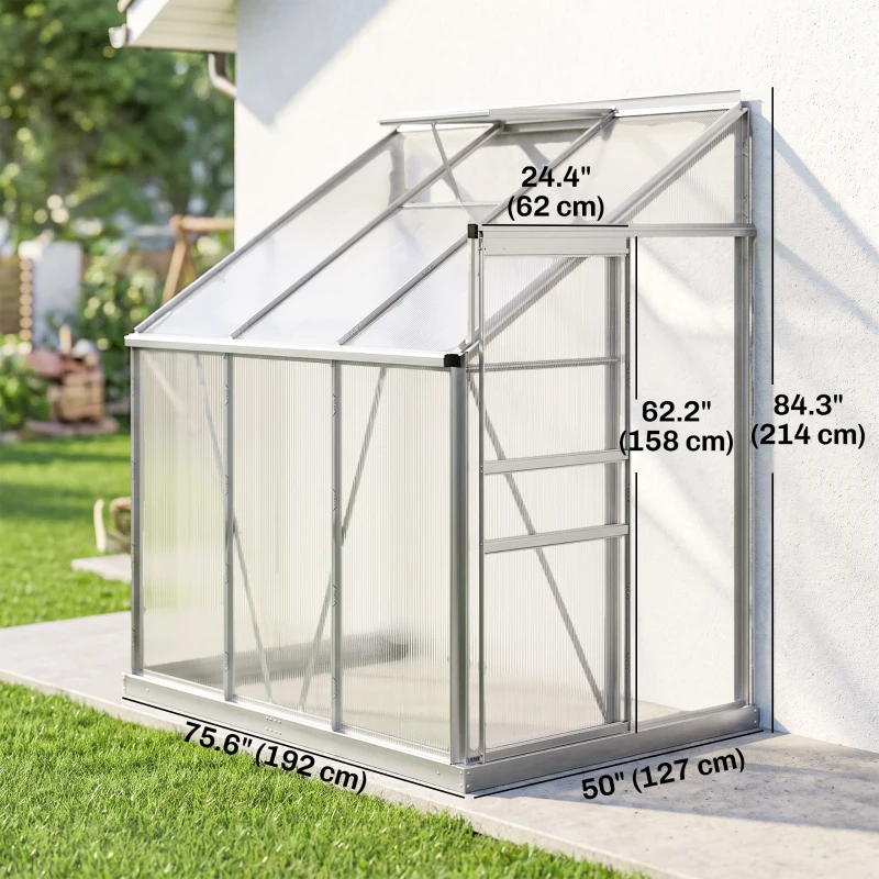 Outsunny Aluminum Lean-to Greenhouse Polycarbonate Walk-in Greenhouse with Rain Gutter and Sliding Door, 6' x 4', Clear