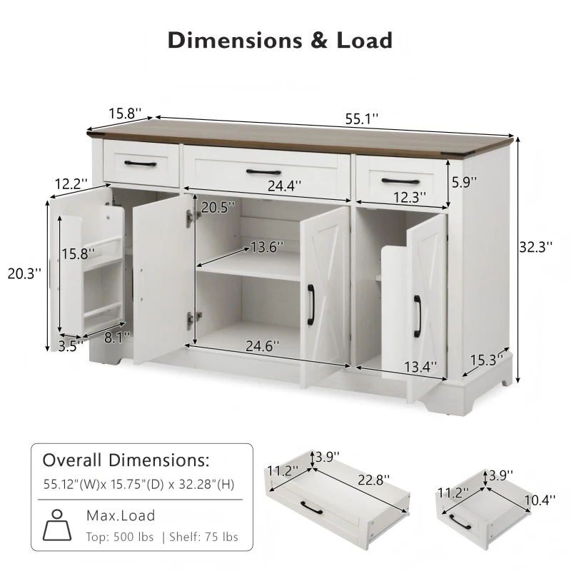 Farmhouse Buffet Cabinet with Metal Hardware and Wood Grain, Sturdy Sideboard for Kitchen and Dining Room, 55'' L x 15.5" W x 32" H, Vintage White