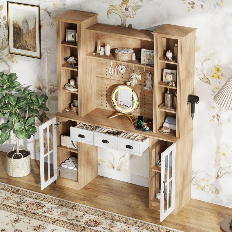 Farmhouse Makeup Vanity with LED Mirror and Power Outlet, Chic Dressing Desk with Jewelry Organizer, 54.5'' L x 15.5" W x 70" H, Natural+White