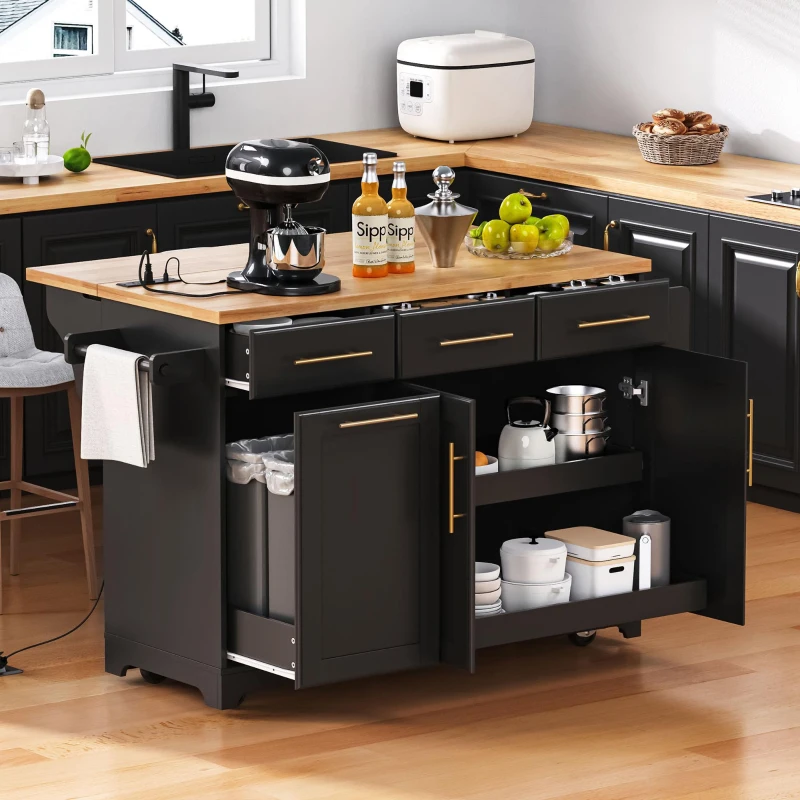 Vintage Kitchen Island with Trash Storage and Organizers, Versatile Rolling Cart with Power Outlet and Spice Rack, 59'' L x 29.5" W x 35.5" H, Black