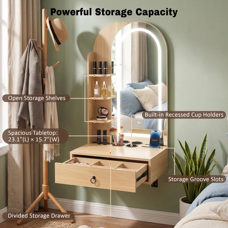 Modern Floating Makeup Vanity with Arched Mirror, Outlet and 3-Color Lights, Versatile Wall Vanity for Bedrooms, 23'' L x 15.5" W x 48" H, Natural